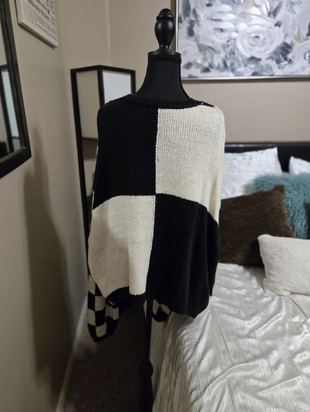Black and Cream Checkered Open-Front Women's Sweater Cardigan EUC by Double Zero - Picture 3 of 12